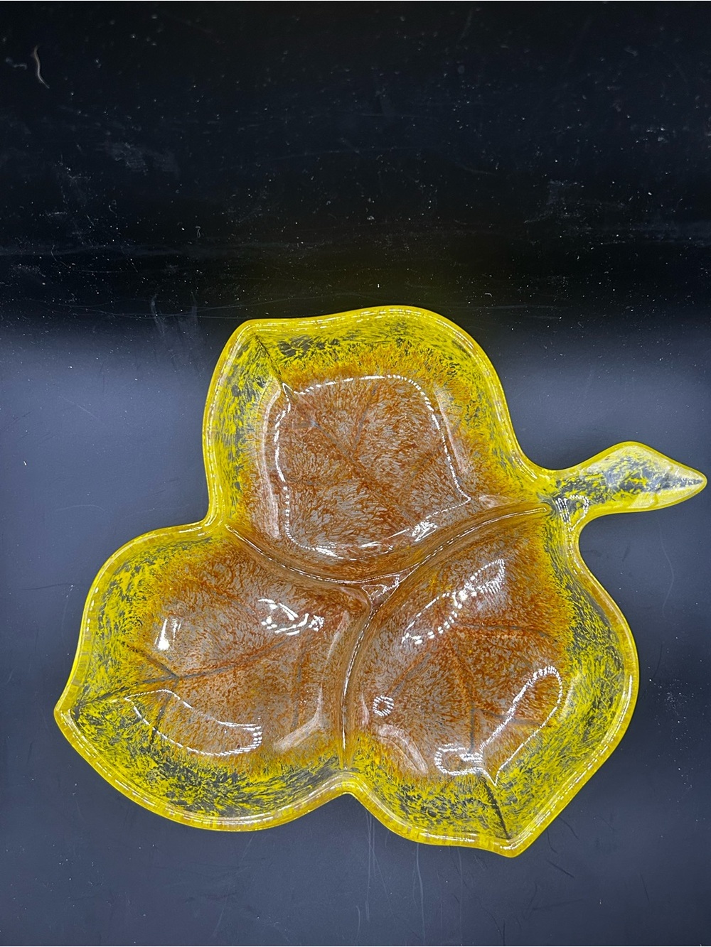 Vintage Leaf-Shaped Glass Serving Dish in Yellow and Amber - Picture 2 of 4